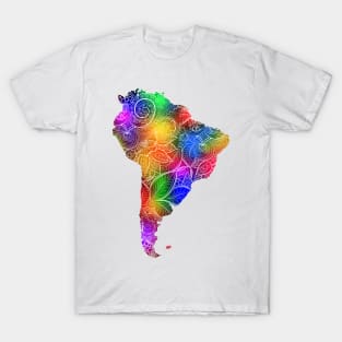 Colorful mandala art map of South America with text in multicolor pattern T-Shirt